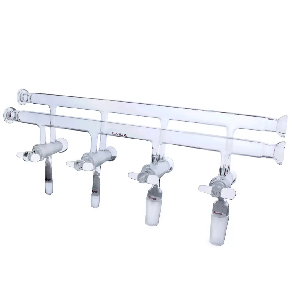 Laboy Glass Double Manifold With 4Mm High Vacuum Stopcock And #15 O-Ring Joint