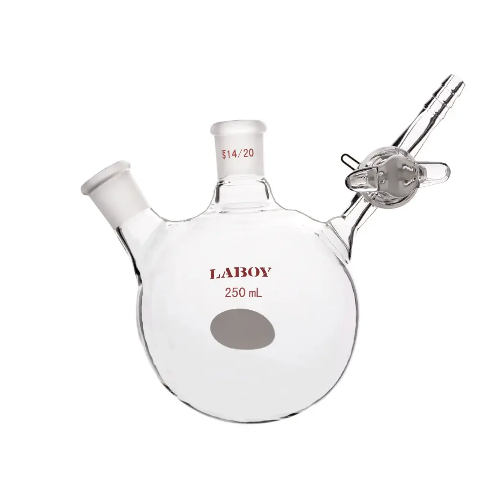 Laboy Glass Two-Neck Round Bottom Schlenk Flask with Glass Stopcock - Ideal for Reflux Reactions - 50mL to 500mL