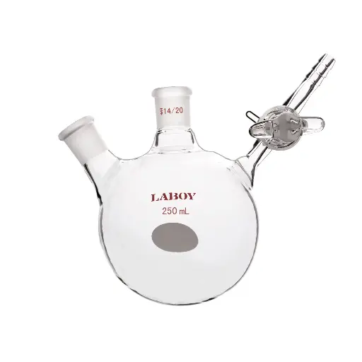 Laboy Glass Two-Neck Round Bottom Schlenk Flask with Glass Stopcock - Ideal for Reflux Reactions - 50mL to 500mL