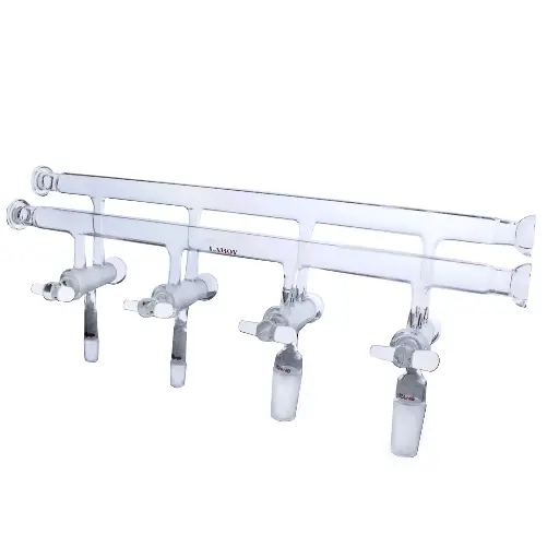 [HMM0129] Laboy Glass Double Manifold With 4Mm High Vacuum Stopcock And #15 O-Ring Joint
